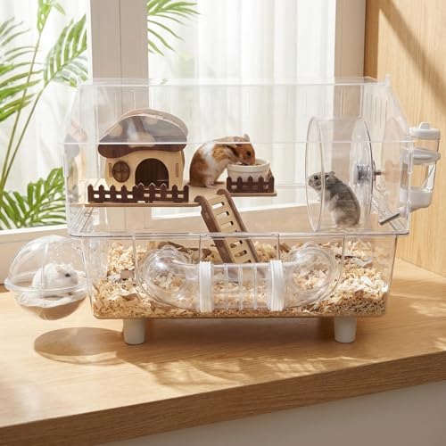 Loungewave Acrylic Hamster Cage, 8 in 1 Gerbil Cage with Accessories | Mushroom House Style Dwarf Hamster Cage with Full Transparent Viewing, Clear View Inside Easy to Clean, Excellent Ventilation - color: Transparent-1