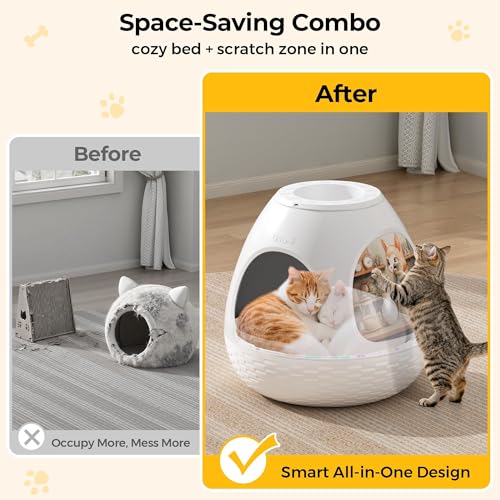 COZIWOW Eggloa6 Plant Litter Box, Hidden Cat Litter Box Enclosure, Odor Removal System, Replaceable Scratching Board, Scoop, Cat House with Cushion ＆ Heating Pad, Artificial Plants (White) - color: Light White