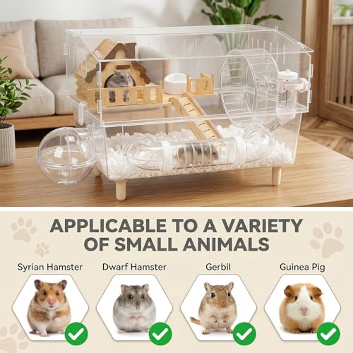 8-in-1 Clear Acrylic Hamster Cage 18x12x13 Small Animal Habitat House | All-in-One Accessory Set, High Transparency View, Easy Cleaning & Assembly, Ideal Starter Kit for Mouse, Dwarf, Gerbil