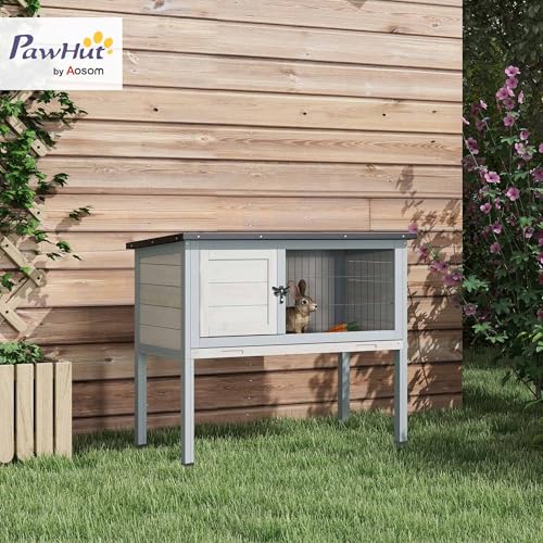 PawHut Elevated Wooden Rabbit Hutch Indoor/Outdoor Bunny Cage Light Gray | Hinged Asphalt Roof, Removable Tray for Guinea Pig - color: Light Gray