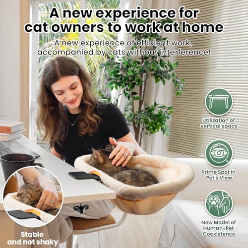 Cat Desk Bed One-Click Folding Maximum Holds 40lb, Cream Fur | Sunken Design & Space-Saving Semi-Circular Cat Bed, Soft Faux Rabbit Fur Material, Suitable for Various Desktops - color: Cream