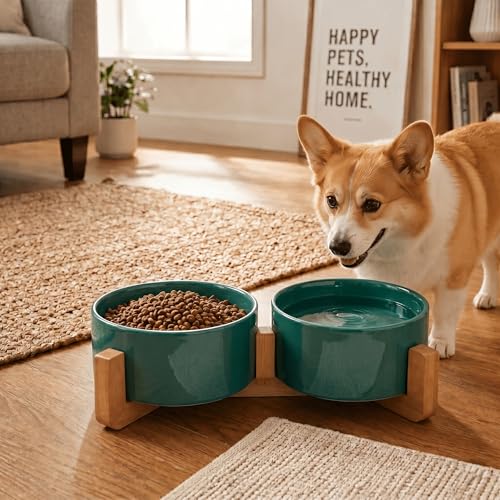 SPUNKYJUNKY Ceramic Dog and Cat Bowl Set with Wooden Stand, Modern Cute Weighted Food Water Set for Small Size Dogs (13.5OZ) & Medium Sized Dogs (28.7OZ) & Cats (3.6 Cups, 2 × Light Green) - color: Light Green × 2, size: 3.6 cups