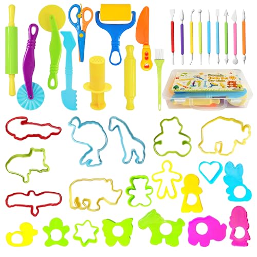 Kleeblatt Dough Tools Set for Kids - 39 Pcs Playdough Kit | 20 animal molds, 9 Basic Dough Tools, 9 Double-Headed Clay Carving Tools, 1 Cleaning Brush, Exquisite Box - color: KT-DoughTools-10