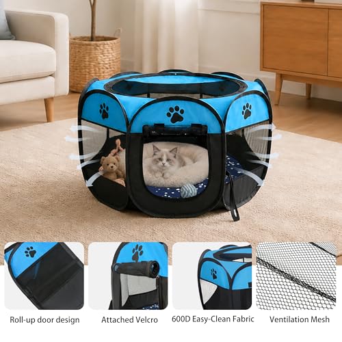 Whelping Box for Cats, Pop-up Playpen for Kittens and Mom with Washable Starry Moon Pad & Grooming Glove, 3-in-1 Portable Cat Delivery Room & Pet Nursery Pen for Indoor Cats Dogs - size: S-29"x29"x18"