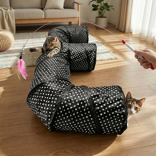 E-Shaped Cat Tunnel, 3-Way Interactive Triple Tube Toy for Indoor Cats, Collapsible Pet Play Maze with Peek-a-Boo Holes, Durable Hideout for Kittens, Puppies, Bunnies & Small Animals (E) - size: E