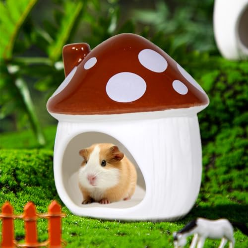 Ceramic Mushroom Hamster Hideout - Hamster Habitat for Hamsters Chinchillas Hedgehogs and Gerbils Mouse Small Pet Guinea Pigs House Hamster Bed (Brown) - color: Brown