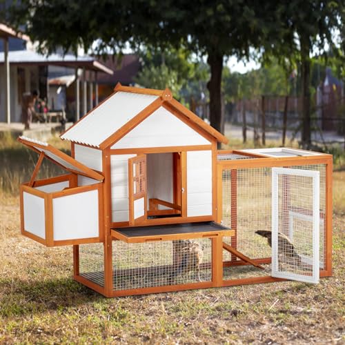 Wooden Chicken Coop & Rabbit Hutch – Portable Hen House for 4-6 Chickens with 5 Access Doors, Nesting Box, Removable Tray, & PVC Roof, Backyard Chicken House for Rabbits, Ducks, Cats, Guinea Pigs
