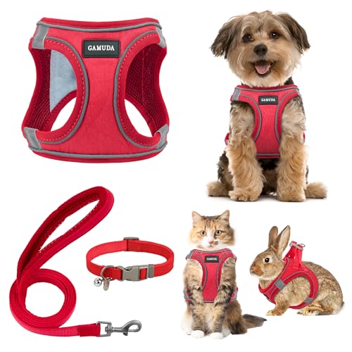 GAMUDA Small Pet Harness Collar and Leash Set, Step in No Chock No Pull Linen Fabric Soft Mesh Dog Vest Harnesses Reflective for Dogs Puppy Cats Kitten Rabbit (Red, XXS) - color: Red, size: XXS
