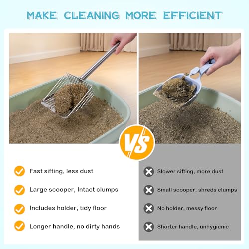 Metal Cat Litter Scoop with Holder Stainless Steel Kitten Poop Scooper, 17.5" Heavy Duty Pet Poop Sifter for Cat Box, Long Handle Large Waste Shovel, Fast Sifting Big Clumps, Solid & Durable - size: stainless steel