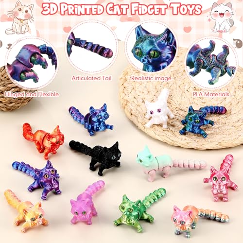 Honoson 12 Pcs 3D Printed Animals 5-7cm, Cat | Articulated Fidget Animals, Flexible 3D Printed Figures for Stress Relief, Cute Mini Joints for Party Favors and Display - size: 5-7cm, style: Cat