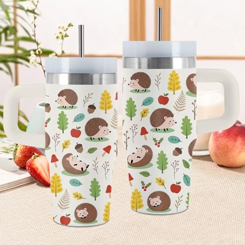 Hedgehog 14oz Tumbler, with Handle Straw, Stainless Steel Sport Cup | 14 oz Insulated Water Bottle, Travel Vacuum Coffee Mug, Thanksgiving Christmas Birthday Gift for Daughter, Animal Lover Gifts - color: Hedgehog-White