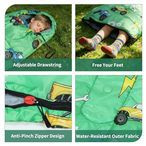 Kids Sleeping Bags - Camping Sleeping Bags with Carry Bag - Compact Sleeping Bag for Hiking, Backpacking 3 Season Warm & Cool Weather, Lightweight Waterproof Outdoor Travel for Boys Girls - color: Green Truck