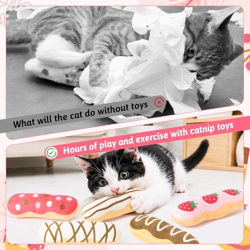 MALLMALL6 Eclair Catnip Toys for Cat - 5Pcs Chocolate Strawberry Dessert Catmint Interactive Toy Gift for Indoor Kitty, Biting Chew Kick Cats Supplies, Soft French Pastry Pet Present for Kitten Lover - style: Eclair