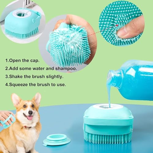 Soft Safe Silicone Pet Bathroom Massage Cleaning Grooming Tools Dog Cat Bath Brush with Shampoo Box (Blue)