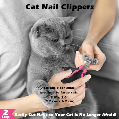 3PCS Cat Grooming Supplies, Cat Brush & Nail Clipper/Trimmer & Flea Comb for Shedding Indoor Cats Essentials Stuff Accessories (Pink) - color: Pink
