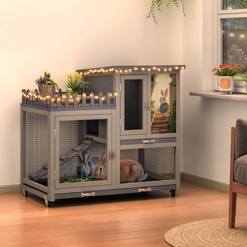 Wood Rabbit Hutch with Balcony Small Animal House Bunny Cage on Wheels | Ideal for multiple small animals, Featuring chewproof ramp & pull-out tray, Suitable for indoor or outdoor use