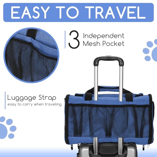 Pet Carrier for Cats & Small Dogs, Travel Carrier with Anti-Collapse Support, Chew Resistant Buckles, Luggage Sleeve, Multi-Pocket Storage, Reversible Mat & Bowl (Blue, Medium (17.5"x11"x11.5")) - color: Blue