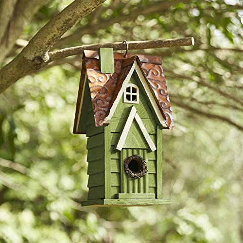 Glitzhome 12" H Green Hanging Distressed Solid Wood Garden Bird House Decorative Birdhouse - color: 12"H Green