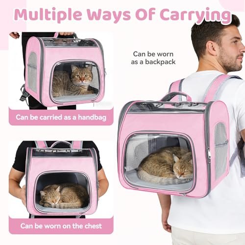 Airline Approved Cat Soft-Sided Carrier Backpack Up to 12 lbs (Pink) | Airport-Friendly Breathable Mesh Foldable Pet Travel Bookbag with Reinforced Support, Portable Puppy Carry Bag for Kitty - color: Pink