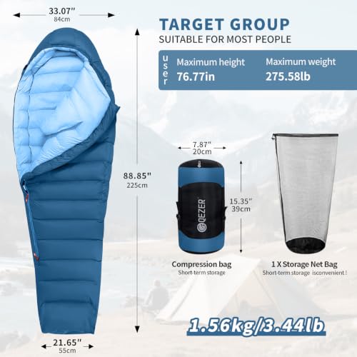 0 Degree Down Sleeping Bag for Adults,Cold Weather Backpacking | 650 Fill Power Down, 4-Season Use, Large Lightweight Compact Carry, Camping Hiking Backpacking - color: 1000g-Blue