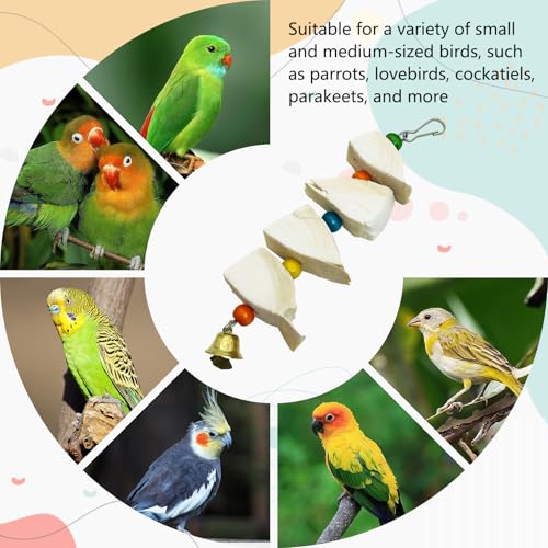 3 Pack Bird Chewing Toy Cuttlebone Parrot Toy with Bell Hanging Bird Beak Grinding Stone Parakeet Cage Accessories for Small Budgies Lovebirds Cockatiels (Block, 4 Per Skewer) - size: 4 Blocky