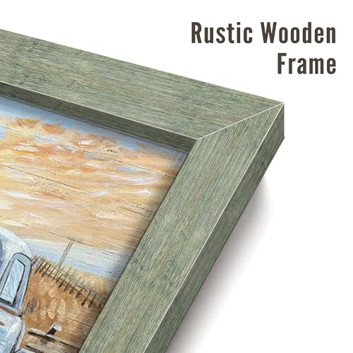 Farm Framed Wooden Wall Art: Rustic Farmhouse Animal Picture Country Pig on Truck Painting Countryside Landscape Print Artwork for Living Room Bedroom Home Decoration 24 x 24 Inches - color: Pig on Truck, size: 24L" x 24W"