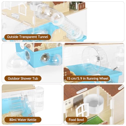 Acrylic Hamster Cage 2 Tier Clear Hamster House with Tunnels | Dwarf Hamster Cage & Habitat with Running Wheel, Food Bowl for Gerbils Syrian Hamsters,13.3''L* 9.8''W* 17.4''H, Blue - color: Blue