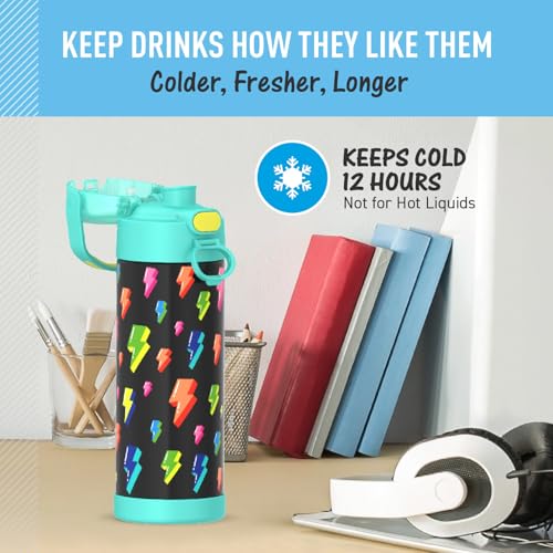 THERMOS FUNTAINER Water Bottle with Spout, 16oz, Lightning Bolt Girl | Kids Stainless Steel Insulated Water Bottle, Keeps Drinks Cold Longer for School & Play, BPA-Free - color: Lightning Bolt Girl, size: 16 Ounces