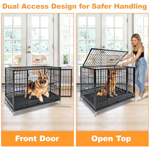 Homey Pet Stackable Heavy Duty Large Dog Crate Cage Kennel for Large Dogs | 47 Inch Black Solid Indestructible Kennel with Lockable Wheels, Double Door, Removable Dual Trays, Escape Proof Auto Locks - size: 46.5"L x 28.5"W x 35.0"H