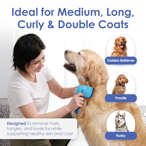 AKC Self-Cleaning Slicker Brush for Dogs & Cats, All Coat Types | Skin-friendly deshedding brush removes loose hair, mats and tangles with an easy-clean design. - style: Self Cleaning Slicker Brush