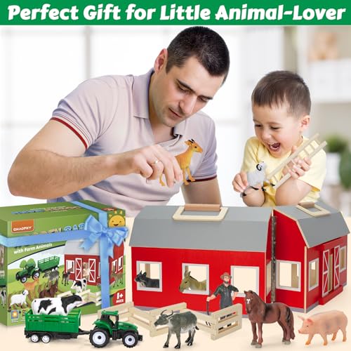 Wooden Barn Toys for Toddlers Ages 3 4 5, Farm Animals Toys for Boys Girls | Big Barn Farm with Figures Animals, Tractor Toy, Farm Playset Educational Preschool Learning Toys, Christmas Birthday Gifts