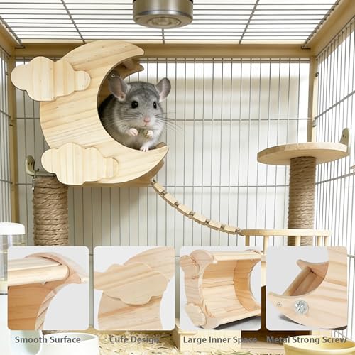 Chinchilla Hideout House Solid Wooden Chinchilla Cage Accessories | Chinchilla House No Paint Wooden Guinea Pig Hideout Small Animal Hide Hut for Chinchilla, Squirrel,Sugar Gliders (Moon) - style: Moon Shape