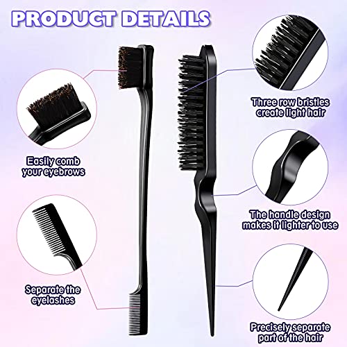 Remerry Hair Brush Set, 12 Pieces Nylon Brushes Including 3 Row Salon Teasing Brushes, Double Sided Edge Brush, Rat Tail Combs, Duckbill Clips for Women Girls - Black - color: Black