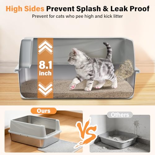Stainless Steel Cat Litter Box for Kittens, Low Entry Kitten Litter Box | Small Metal Litter Box, Includes Scoop and Mat, High Sided, Non-Sticky, Anti-Urine Leakage, Easy Cleaning - size: Small(17.3"x13.4"x8.1")