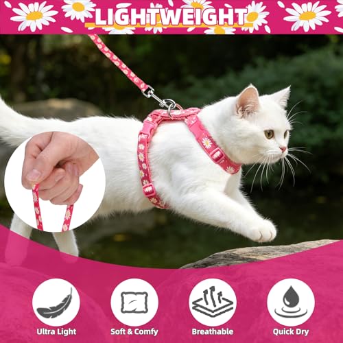 PUPTECK Adjustable Cat Harness and Leash Set Escape Proof Kitten Strap Collar for Walking Travel, Daisy Pattern - color: Fuchsia(Daisy), size: Small