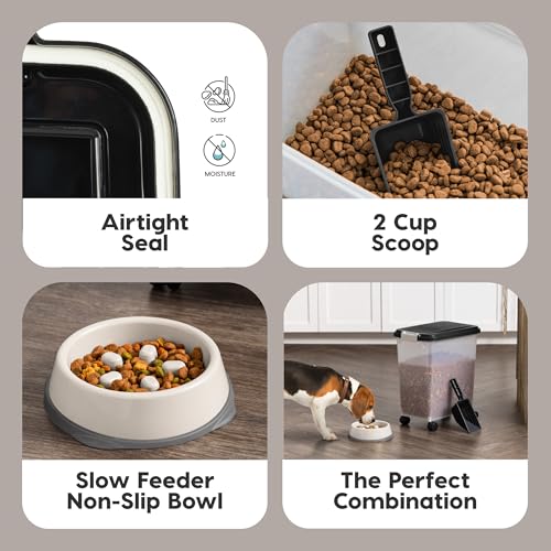 IRIS USA Dog Food Container & Slow Feeder Bowl, Up to 30 lbs, Black | Includes 2-Cup Sccop & Wheels, Airtight Seal, BPA-Free, Bird Seed, Cat food, Cat Litter, Treats, Short Snout Bowl - color: Black, size: 30 lbs - 1 Pack