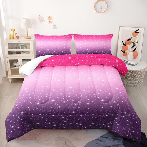 Nttopship Pink Purple Glitter Comforter Set Queen Size 3 Pieces Bed in A Bag for Teen Girls,Pink Violet Gradient Bedding Set,Rainbow Colorful Tie Dye Bedroom with 1 Comforter and 2 Pillowcases - color: 3d Colorful, size: Queen