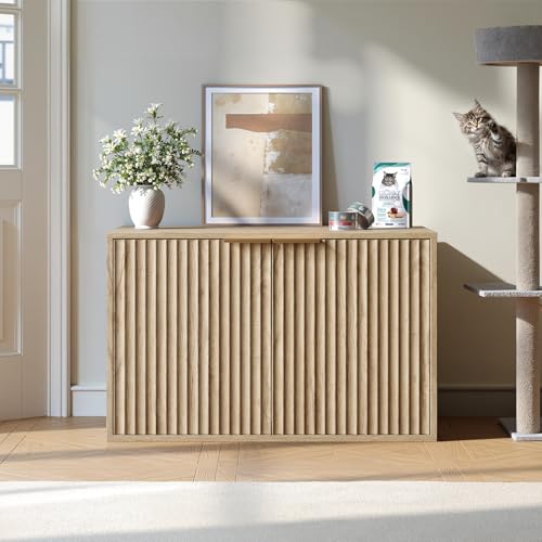 Evermagin 31.5" Cat Litter Box Enclosure Furniture | Oak Hidden Litter Box Cabinet, Modern Indoor Cat House, Fluted Kitty End Table for Living Room, Bedroom, Entryway - color: Oak