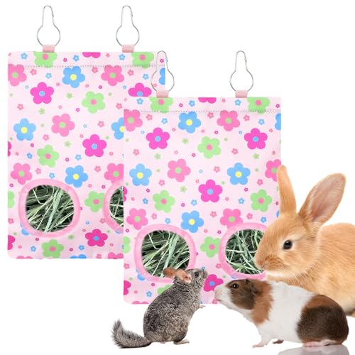 JarThenaAMCS 2 Pcs Rabbit Hay Feeder Bag with 2 Holes Guinea Pig Hanging Hay Feeding Bag Pink Floral Storage Dispenser for Chinchilla Hamster Bunny Small Animal Pet, 11.5 x 9 Inch