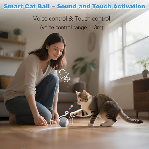 Upgraded 2.36 Inch Large Interactive Cat Toys Ball for Indoor Cats, Gray | Motion and Sound Activated, 2 Speeds, Rechargeable, 5 Replaceable Tails, Stuck-Free Motor, Pink Also Available - color: Gray