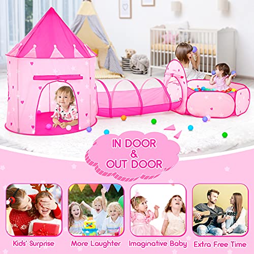 PigPigPen 3pc Kids Play Tent for Girls with Ball Pit, Crawl Tunnel, Princess Tents for Toddlers, Baby Space World Playhouse Toys, Boys Indoor& Outdoor Play House, Perfect Kid’s Gifts - style: 3PC Pink Star Play Tent