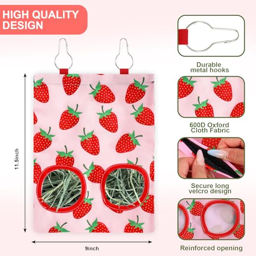 JarThenaAMCS 2Pcs Rabbit Hay Feeder Bag with 2 Holes Pink Strawberry Guinea Pig Hanging Hay Feeding Bag Storage Dispenser for Chinchilla Hamster Bunny Small Animal Pet
