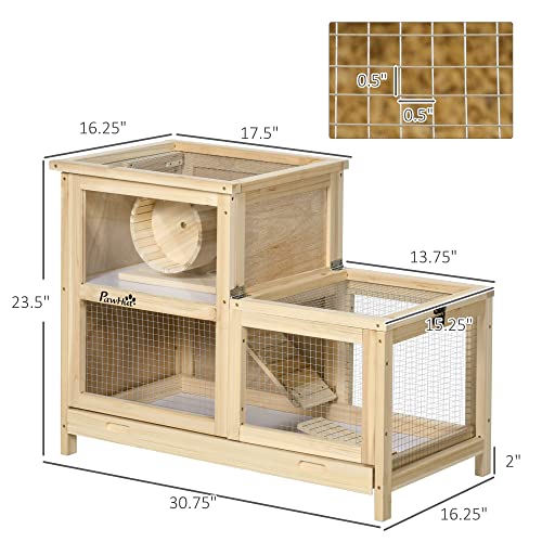 PawHut Extra Large Wooden Hamster Cage with Sliding Tray, Large Rat Mouse House, Small Animal Habitats with Openable Roofs, Wide Ramp for Racing, Running Wheel, Natural | Small Animal Habitats, Openable Roofs, Wide Ramp for Racing, Running Wheel