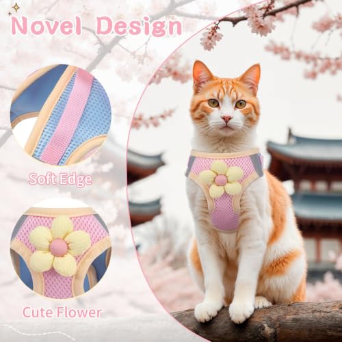 Cat Harness and Leash Set, Escape Proof Soft Vest Walk Pink XS | Adjustable, Easy Wear, Breathable Comfy Mesh, Reflective Strips, Sturdy Clip Buckle Flower Harness for Cats Kitty Puppy Bunny - color: Sakura pink, size: Extra Small