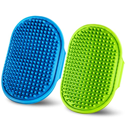 Dog Grooming Brush，Pet Shampoo Massage Bath Brush Comb with Adjustable Loop Handle for Grooming Short and Long Hair Cats and Dogs, 2pcs(Tapered brush head, Blue+Green)