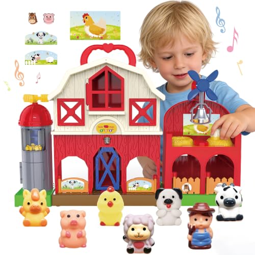 Farm Animal Barn Toys for Toddlers 1-3, Red Barn Play Farm Set with Animals Sounds Toy, Musical Interactive Preschool Montessori Learning Farm Toys for Kids, Christmas Birthday Gift for Boy Girl - style: Barn Toys