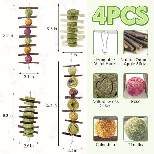 Hamiledyi 4PCS Bunny Chew Toys Rabbit Toys for Teeth Grinding Natural Fruit Sticks Organic Timothy Grass Cakes Chew Toys and Treats for Rabbit Bunny Guinea Pig Hamster Chinchilla - style: Style A