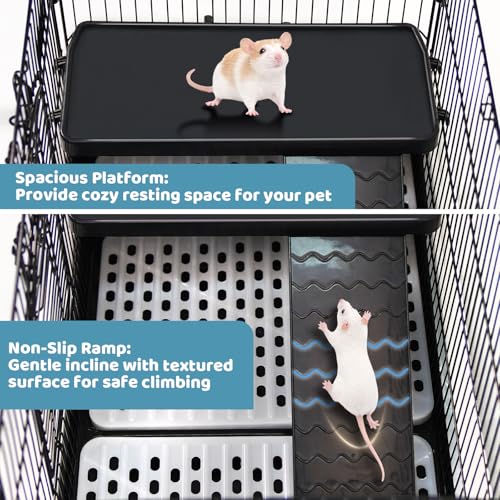 Homey Pet Rat Cage, Small Animal Cage for Ferret, Chinchilla, Guinea Pig | Portable, Lockable Wheels, Splash Guard, Easy-Clean Pull-Out Grid Tray, Non-Slip Ramp, Safe Lock, Chew-Proof, Black 2-Tier - size: 25.0"L x 16.5"W x 21.0"H
