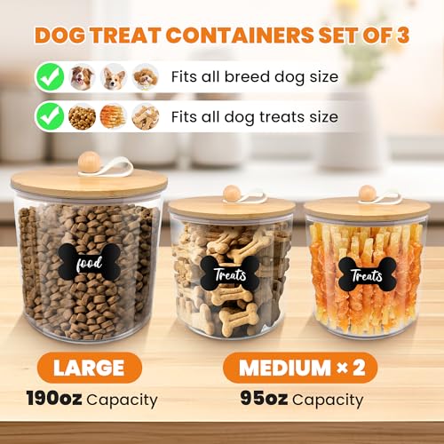 HOYTAMDAR 3 Pack Airtight Dog Treat Containers Bamboo Lids, Dog Treat Jars | Dog Food Storage Container with Scoops, Clamps, Labels and Marker, Dog & Cat Treat Holder - color: Wood - 3 Pack