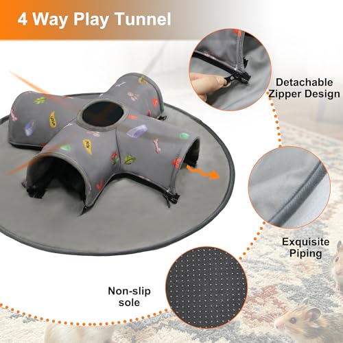 Small Pet Tunnel Bed with Top Peek Hole, 4-Way Hideout with Removable Washable Mat, Interactive Play Toy for Guinea Pig, Hamster, Rabbit, Chinchilla, Kitten - color: 4-Way + Round Mat